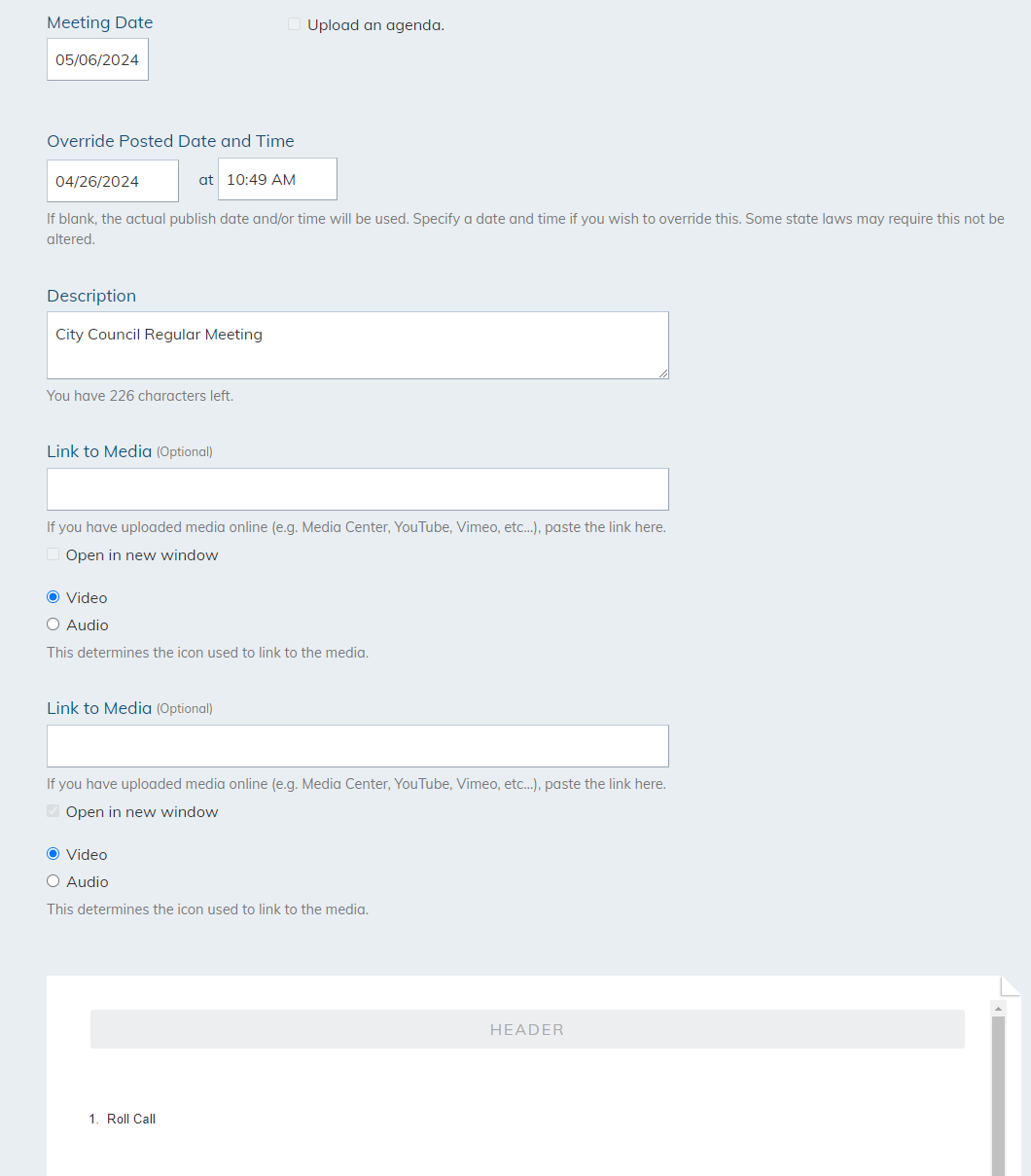 Make_modifications to the Meeting Date, Override Posted Date and Time, Description, or Link to Media fields