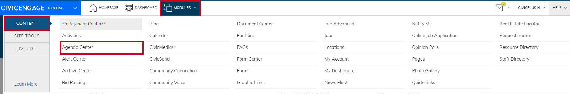 Navigate from Modules to Content then to Agenda Center