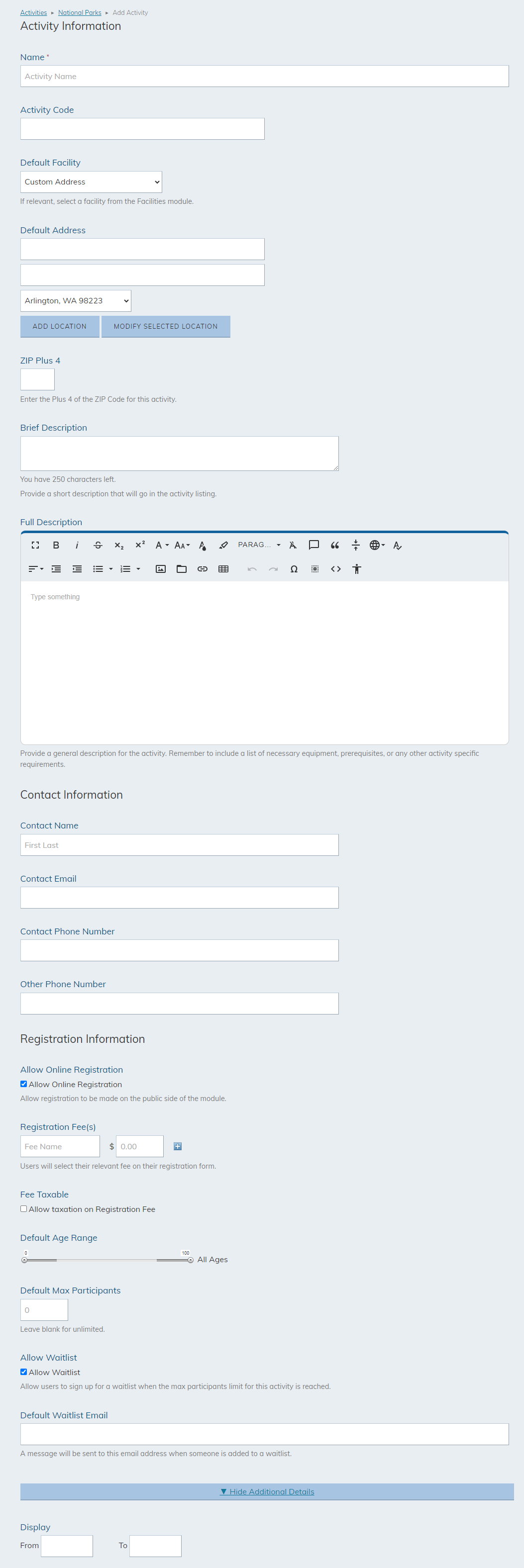 Add new activity information fields.