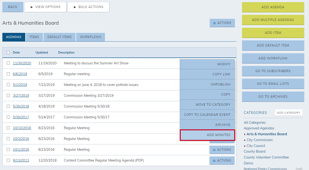agendas tab actions button add minutes