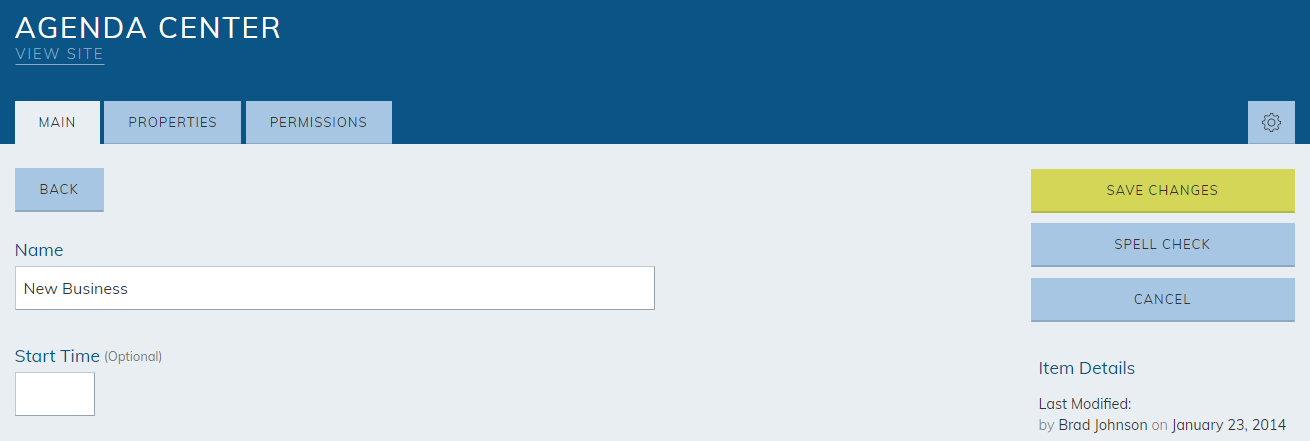 Edit information for the Name, Start Time fields