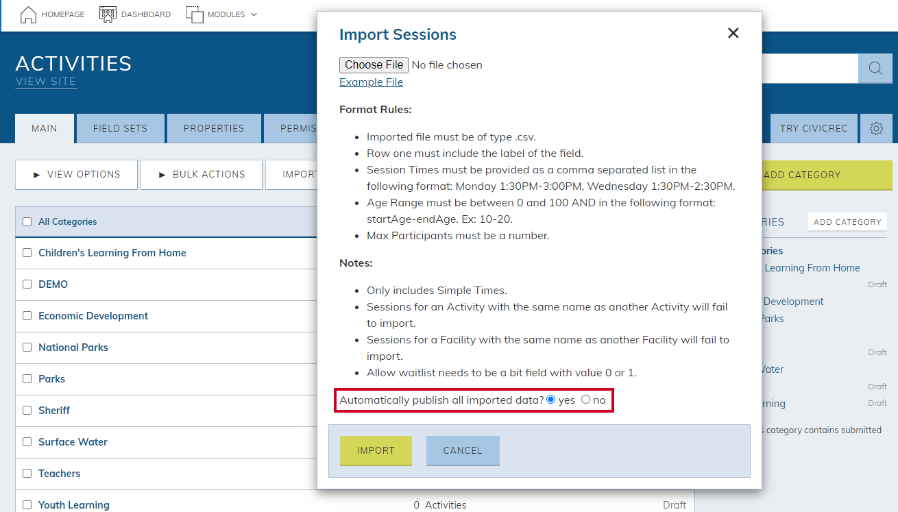 Web Central Activities Module Import Sessions Dialog Box Automatically Publish All Imported Data Yes or No Radio Button.