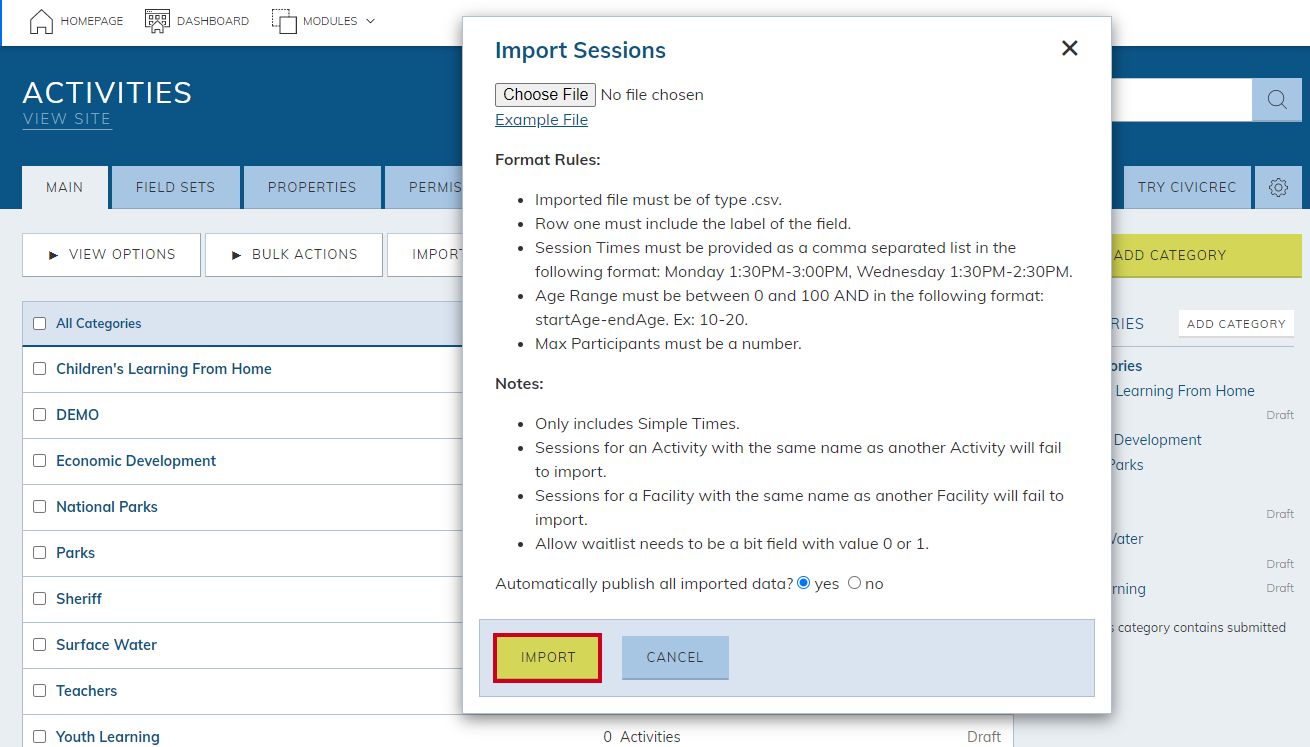 Web Central Activities Module Import Sessions Dialog Box Import Button.
