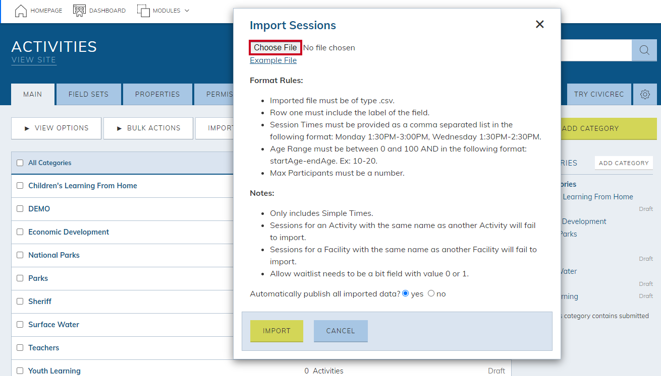 Web Central Activities Module Import Sessions Dialog Box Choose File Button.