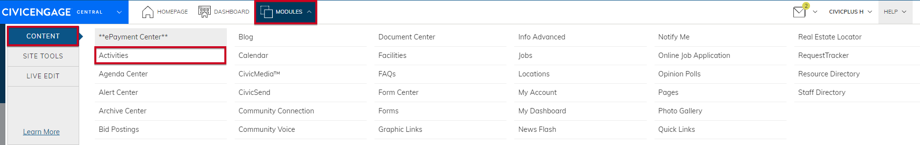 Navigate from Modules to Content to Activites