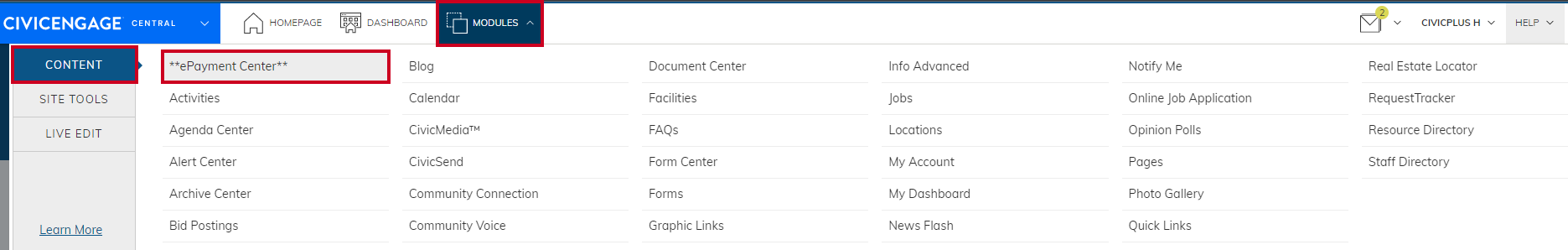 Navigate from Modules to Content then to ePayment Center