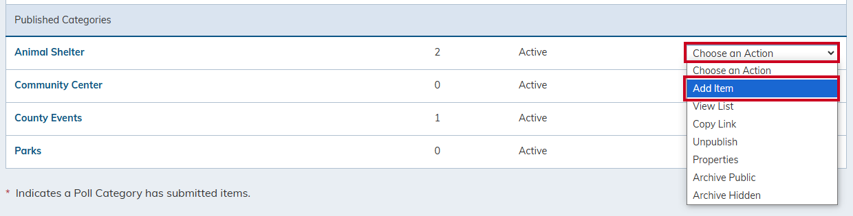 Actions menu, add item.