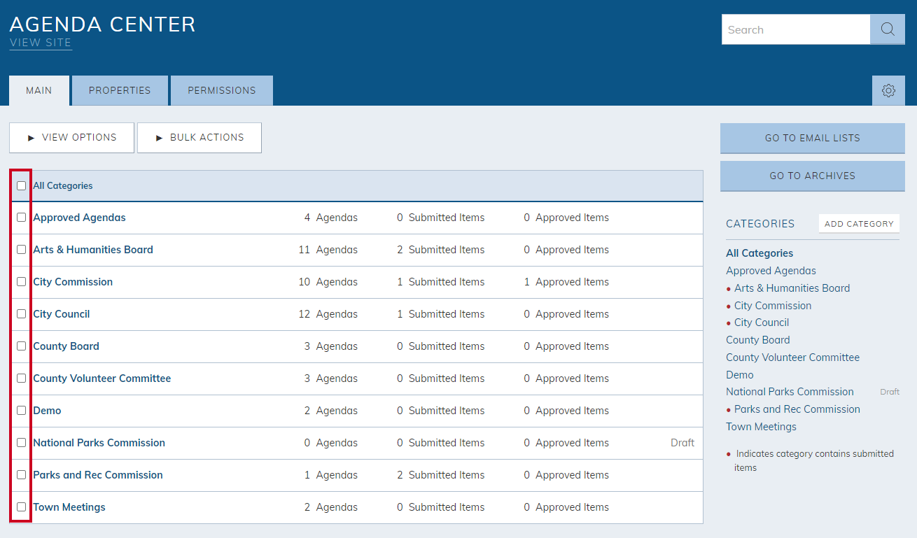 category checkboxes