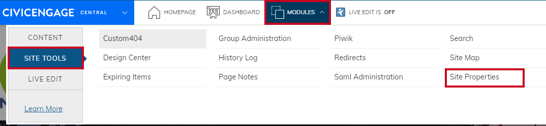 modules-site tools- site properties