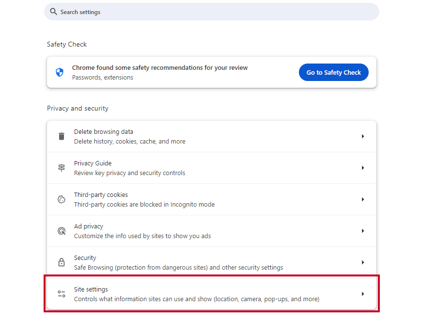 The Site Settings option.
