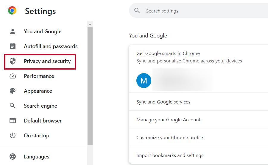 The Privacy and Security option in the menu below the Google Chrome logo and Settings header.