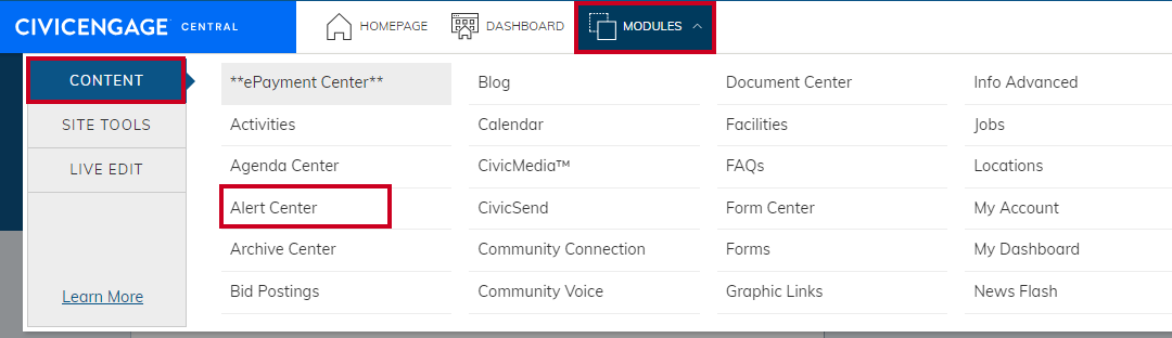 Navigate from Modules to Content then to Alert Center