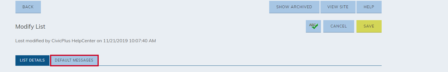 Default Messages Tab