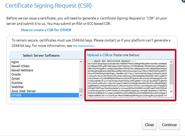paste the CSR into the certificate request field