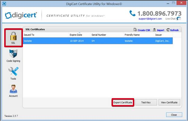 select the certificate and click export certificate