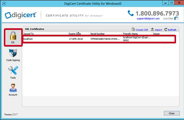 certificate will import and list under SSLs