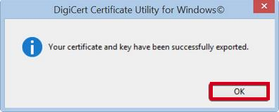 select ok to confirm successful certificate export