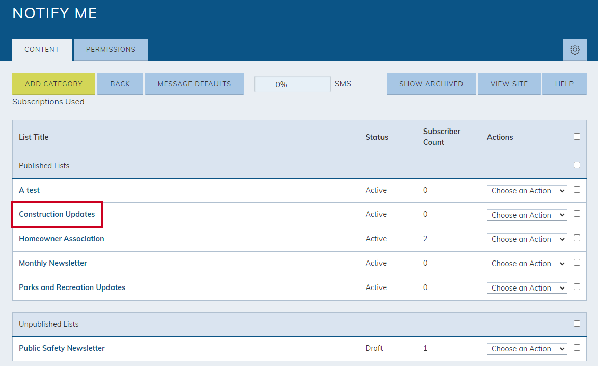 Construction Updates was selected from the Published List options.