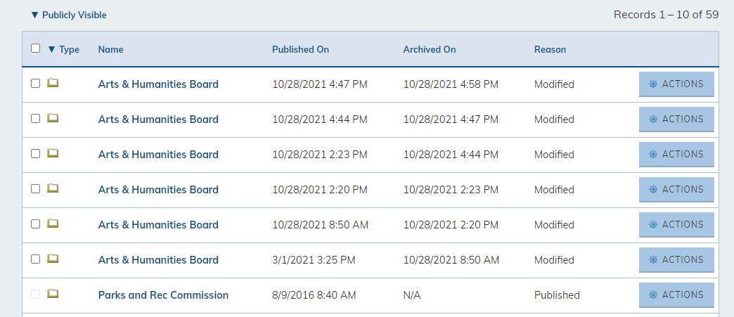 Filtered results on the Agenda Center archives page.