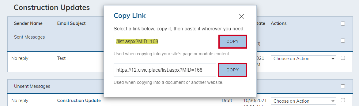 On the pop-up Copy Link window, there are two types of links a user can copy based on the location they are adding the link to.