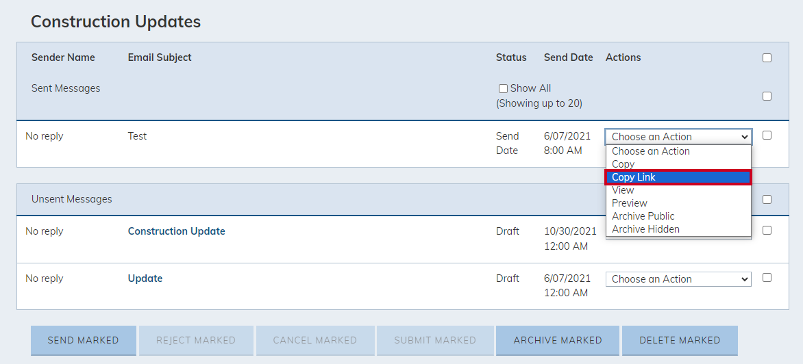 On the Choose an Action menu, the Copy Link option allows a user to copy and paste the message's link to various other locations.