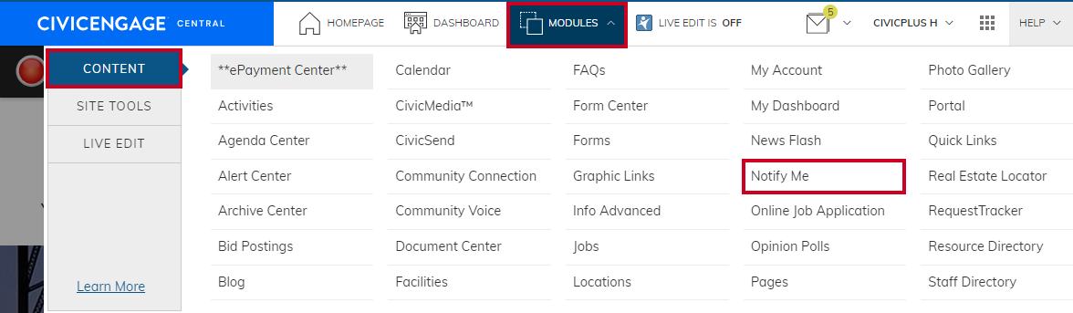 The administrator's Module menu allows admin to quickly navigate through the modules on their website.