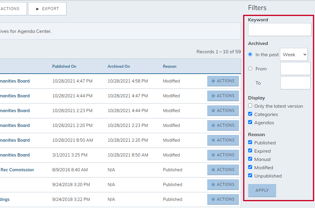 The Filters panel on the Agenda Center archives page.