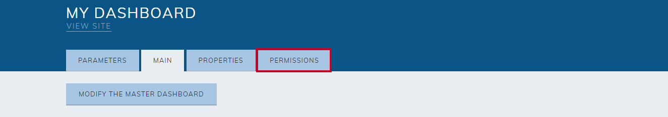 The Permissions tab in the My Dashboard module's back end.