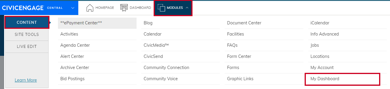 The My Dashboard module allows users to personalize their experience using the website.