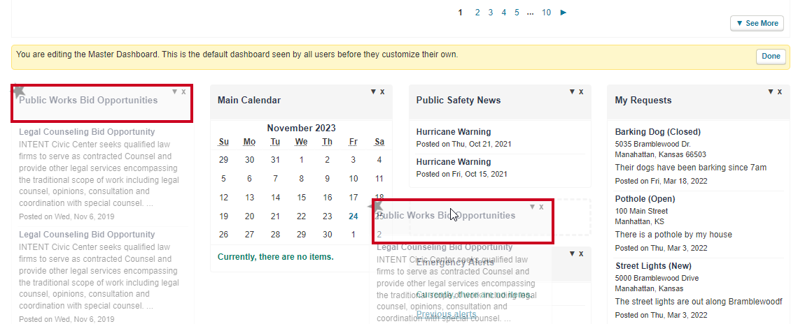 When moving the Public Works Bid Opportunities widget from one location to another, the moving widget becomes semi-transparent so the user can see where they are placing the widget more easily.