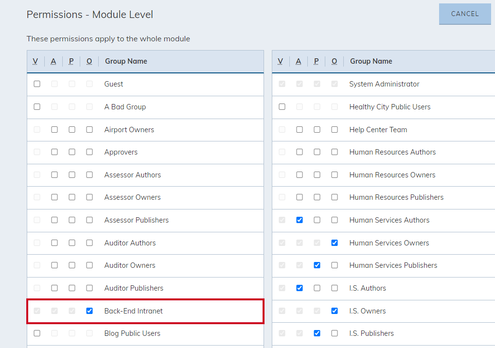 back-end intranet group checkbox