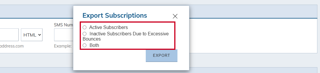 Export subscribers pop-up.