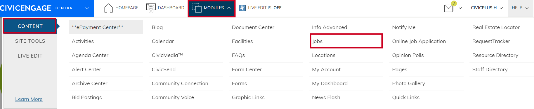 Navigate from Modules to Content to jobs