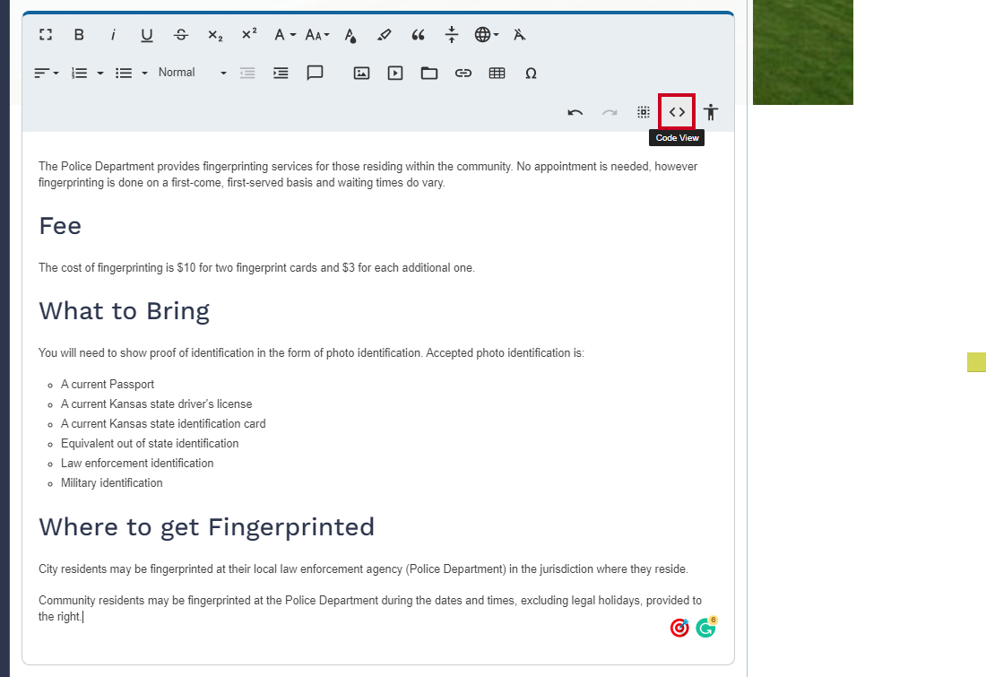 The Code View button of the Editor widget allows you to access the HTML version of your content.