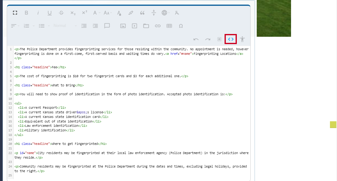 To return to the default view from the code view, click the Code View button again.