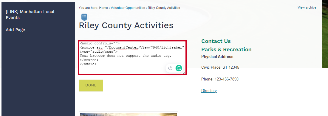 Add the appropriate HTML code to reference your audio file in the custom HTML widget.