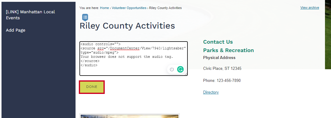 Click the Done button to exit the Custom HTML widget.