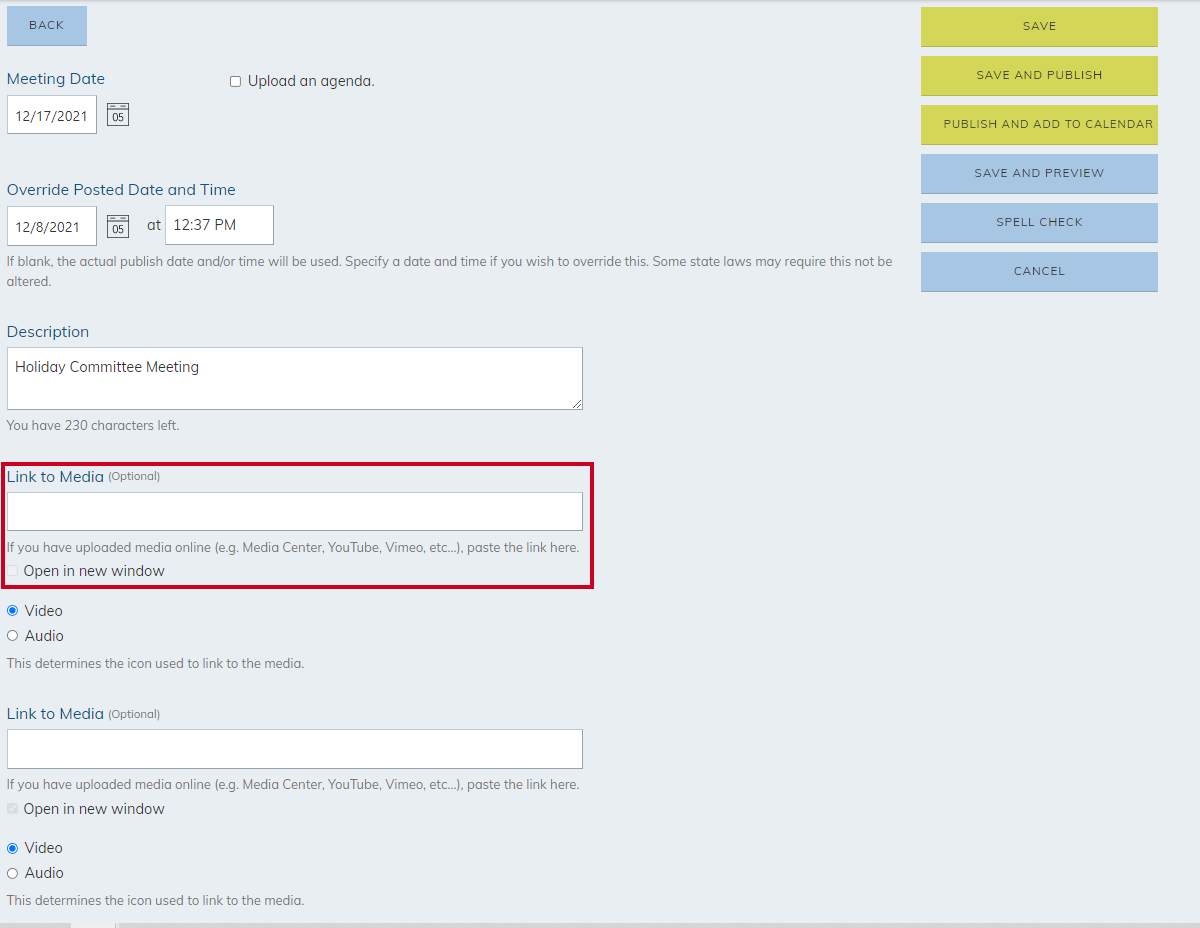 Link to media box on an Agenda.