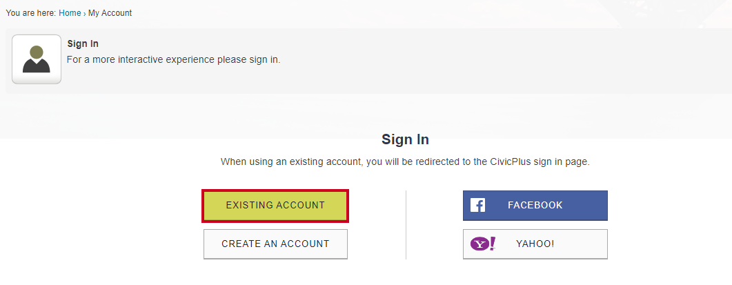existing account button on sign in screen.