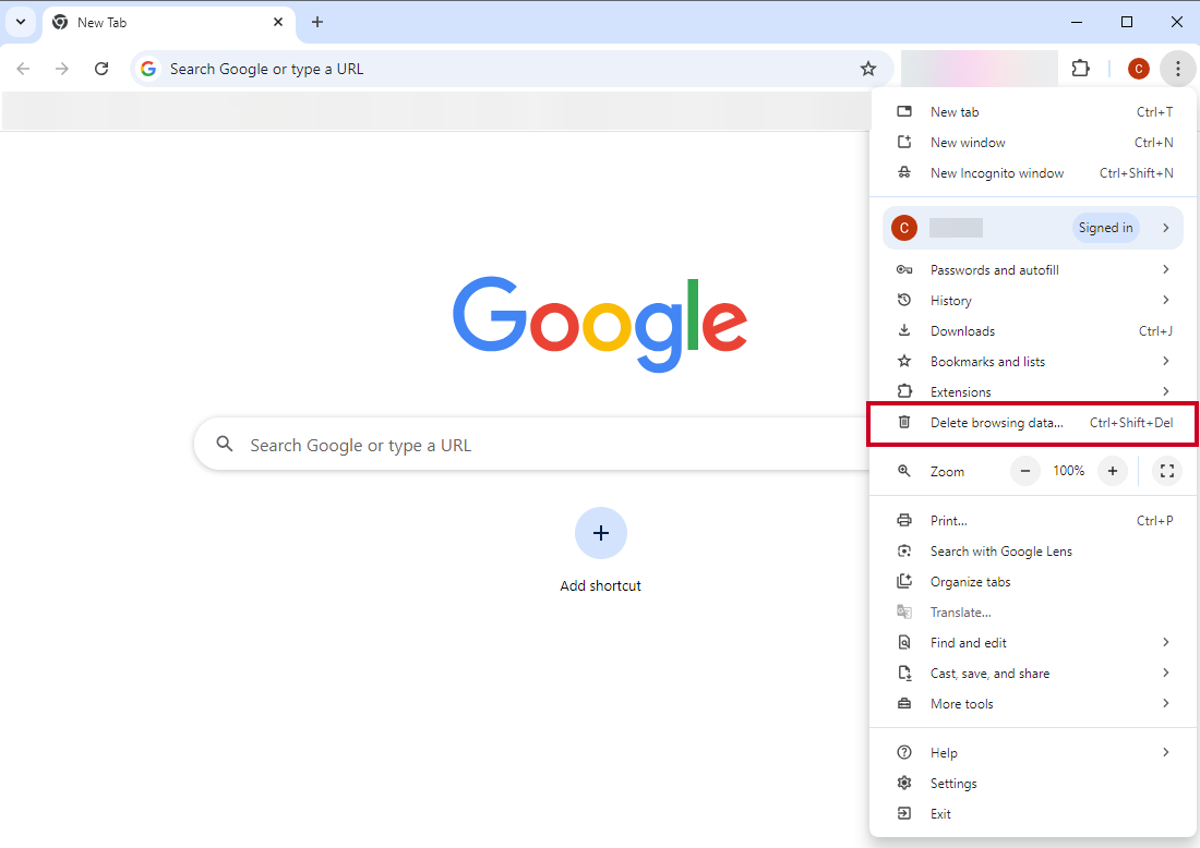 The Delete browsing data option within the More menu.
