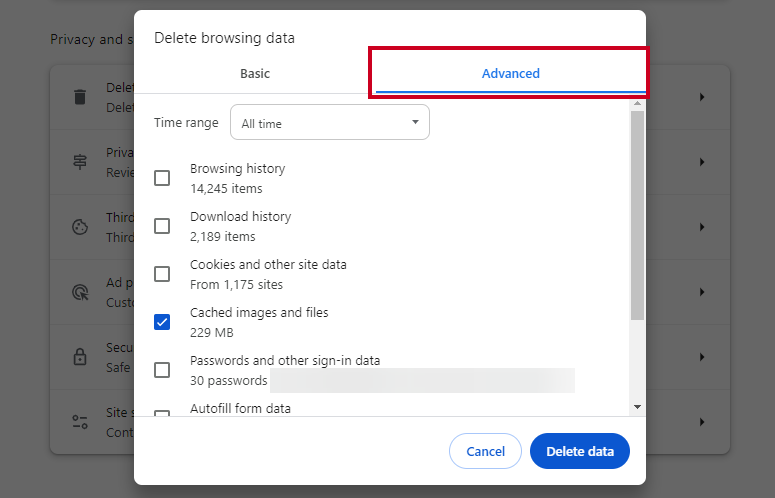 The Advanced tab on the Delete browsing data dialog box.