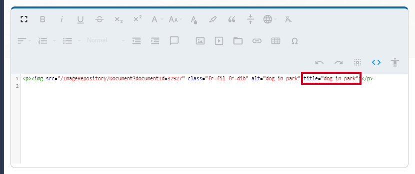 Adding a string of HTML code to add a title to the image by copying and pasting the Alt Text string and replacing alt with title.