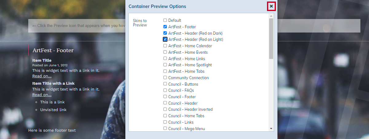 Web Central Design Center Theme Manager Container Preview Options Checkbox Options and Close (X) Button.