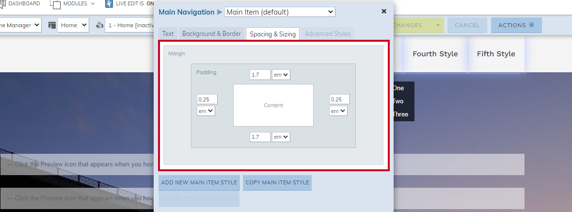 The options in the tab labeled Spacing and Sizing.