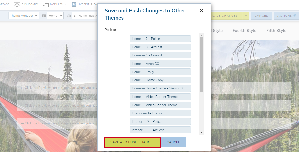 The list of pages under the Push to header.