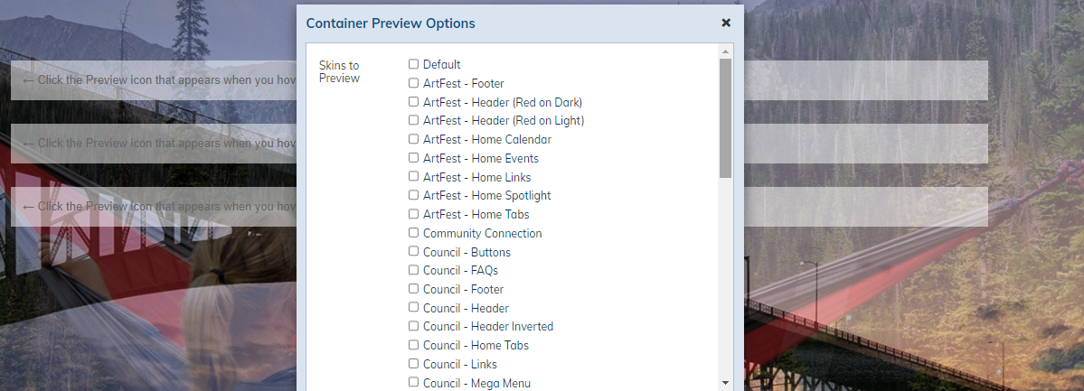 Web Central Design Center Theme Manager Container Preview Options Dialog Box and Checkbox Options.