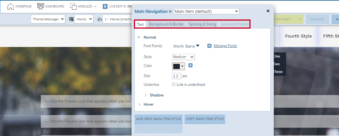 The navigation tabs below the Main Navigatin drop-down menu.