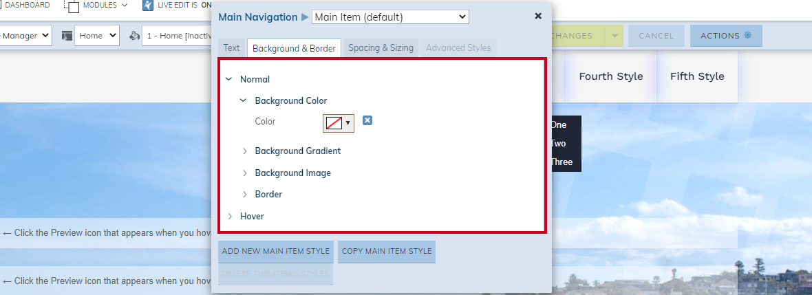 The options in the tab labeled Background and Border.
