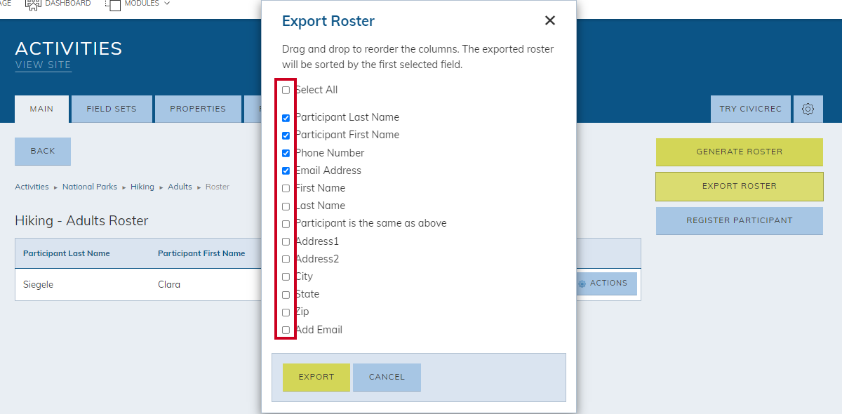 Export checkboxes.
