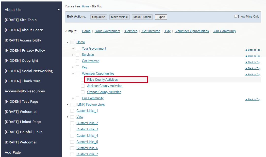 Hover over the page you created on the Site Map page.